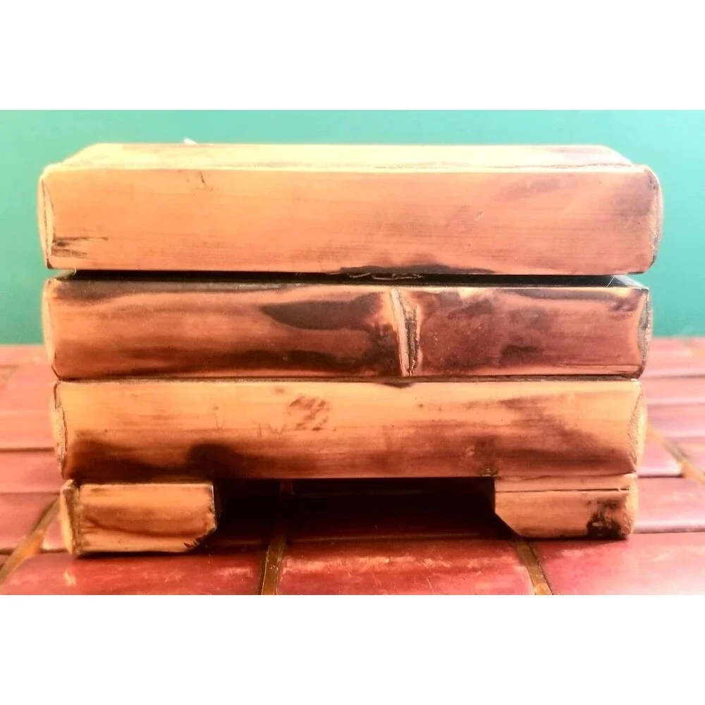 Vintage Bamboo & Wooden Jewelry Box With Brass Hardware Felt Lined